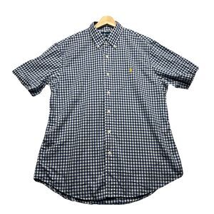 Vintage Ralph Lauren Shirt Men Slim L Blue Check Button Down Short Sleeve Preppy